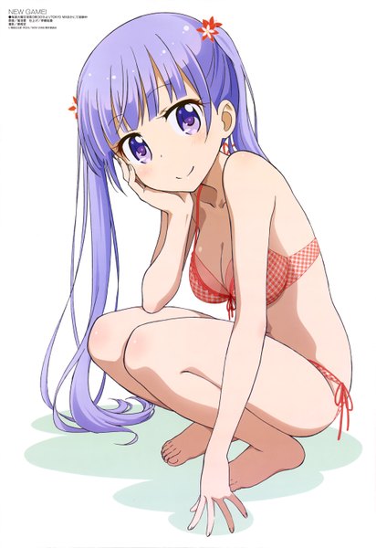 Anime picture 4081x5932 with new game! megami magazine doga kobo suzukaze aoba kikuchi ai long hair tall image highres breasts light erotic smile purple eyes twintails absurdres purple hair official art girl swimsuit bikini plaid bikini