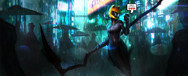 Anime picture 1600x654 with durarara!! brains base (studio) celty sturluson daniel kamarudin wide image animal ears looking away cat ears city fake animal ears rain silhouette girl gloves black gloves umbrella bodysuit mobile phone helmet speech bubble