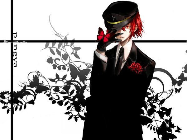 Anime picture 1024x768 with pangya kaz (pangya) yuuki kira single short hair red eyes standing red hair inscription silhouette butterfly on hand hat over eyes boy gloves flower (flowers) plant (plants) shirt necktie insect butterfly
