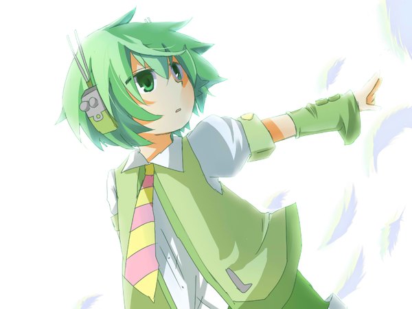 Anime picture 1600x1200 with vocaloid ryuto (vocaloid) single highres short hair open mouth simple background white background green eyes green hair boy detached sleeves necktie headphones feather (feathers)