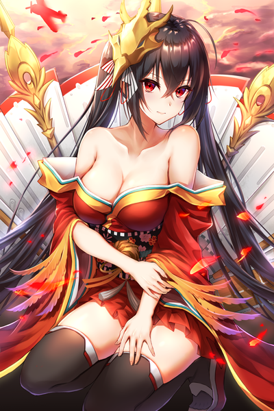 Anime picture 1620x2430 with azur lane taihou (azur lane) toki (toki ship8) single tall image looking at viewer blush fringe breasts light erotic black hair hair between eyes red eyes large breasts twintails payot ahoge very long hair traditional clothes head tilt