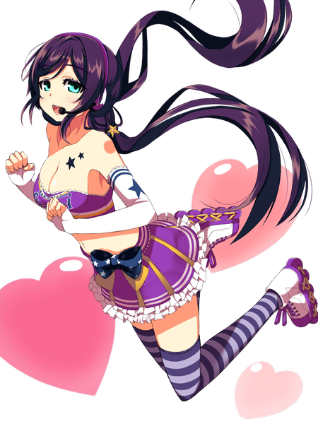 Anime picture 800x1066 with love live! school idol project sunrise (studio) love live! toujou nozomi ponkotsu (ayarosu) long hair tall image looking at viewer open mouth blue eyes twintails purple hair low twintails transparent background star print girl thighhighs skirt hair ornament bow