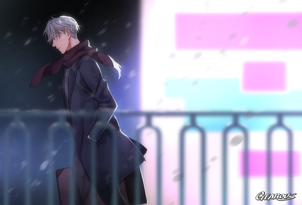 Anime picture 1325x900 with yuri!!! on ice mappa viktor nikiforov gearous single fringe short hair blue eyes signed looking away silver hair profile depth of field snowing hand in pocket walking boy scarf coat railing