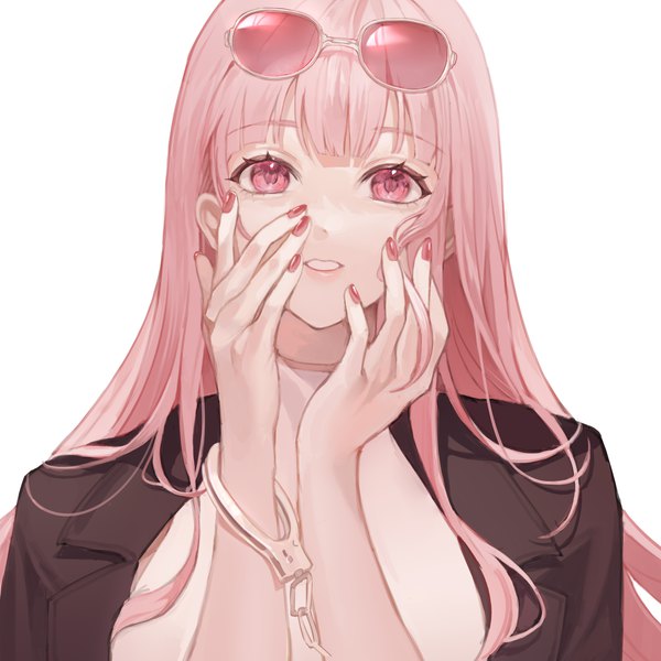 Anime picture 3543x3543 with virtual youtuber hololive hololive english mori calliope kuiqiu kq single long hair highres simple background white background pink hair absurdres upper body nail polish pink eyes sunglasses on head clothes on shoulders pink nail polish hands on face girl