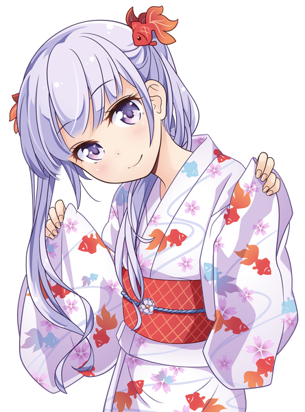 Anime picture 5931x8000 with new game! doga kobo suzukaze aoba tokunou shoutarou dekodere single long hair tall image looking at viewer highres smile purple eyes twintails absurdres purple hair long sleeves traditional clothes head tilt japanese clothes floral print