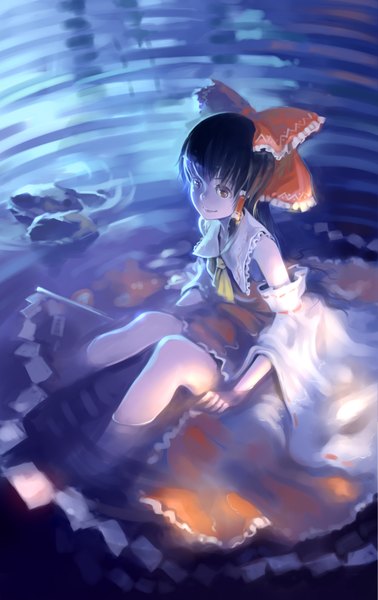 Anime picture 2400x3800 with touhou hakurei reimu yuushoku single tall image highres short hair black hair smile sitting brown eyes miko girl bow hair bow detached sleeves water