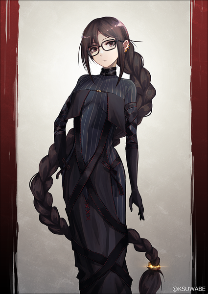 Anime picture 629x888 with fate (series) fate/grand order yu mei-ren (fate) k-suwabe single tall image looking at viewer fringe simple background brown hair standing brown eyes signed payot braid (braids) very long hair head tilt grey background hand on hip twitter username