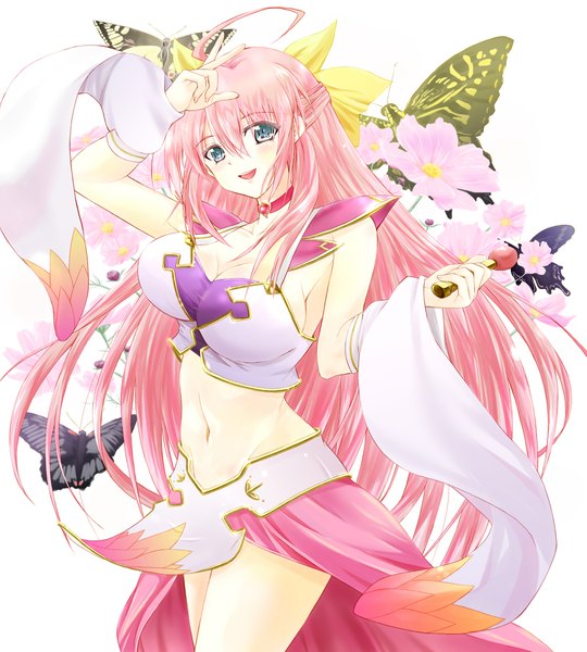 Anime picture 1999x2222 with koihime musou doga kobo choukaku single long hair tall image highres breasts light erotic large breasts green eyes pink hair midriff half updo girl flower (flowers) insect butterfly