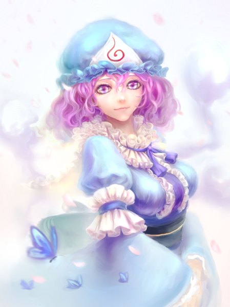 Anime picture 2800x3740 with touhou saigyouji yuyuko grape.mk-233 single tall image looking at viewer highres short hair pink hair long sleeves pink eyes girl dress frills bowtie insect butterfly bonnet blue dress
