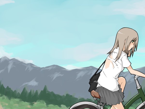 Anime picture 1024x768 with hentai (1985) green eyes grey hair mountain landscape plant (plants) tree (trees) grass ground vehicle bicycle
