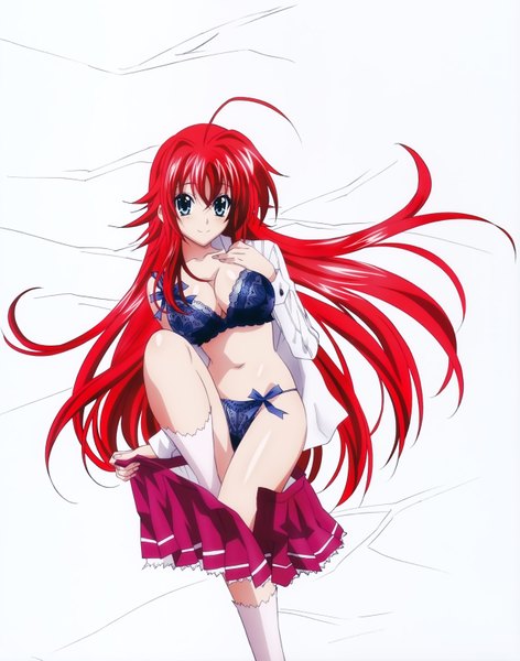Anime picture 4947x6283 with highschool dxd rias gremory mishima hiroji single long hair tall image looking at viewer highres breasts blue eyes light erotic smile large breasts white background absurdres red hair scan official art underwear only girl