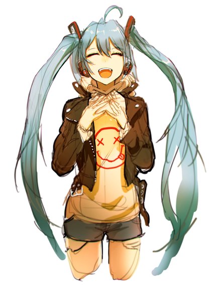 Anime picture 1000x1414 with vocaloid hatsune miku so-bin single long hair tall image open mouth simple background white background twintails ahoge eyes closed aqua hair open clothes open jacket fingers together girl jacket shorts headphones