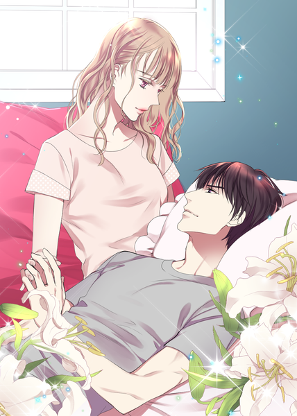Anime picture 1000x1400 with original nayuta/iho long hair tall image fringe short hair blonde hair sitting brown eyes upper body indoors lying blunt bangs profile pink eyes sparkle on back couple lipstick holding hands