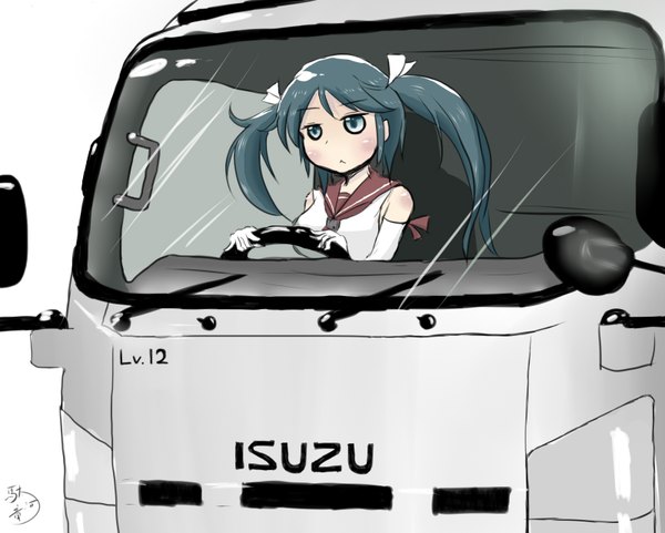 Anime picture 1600x1285 with kantai collection isuzu light cruiser gami long hair blush breasts blue eyes twintails looking away eyebrows driving girl gloves uniform hair ornament bow hair bow elbow gloves white gloves ground vehicle
