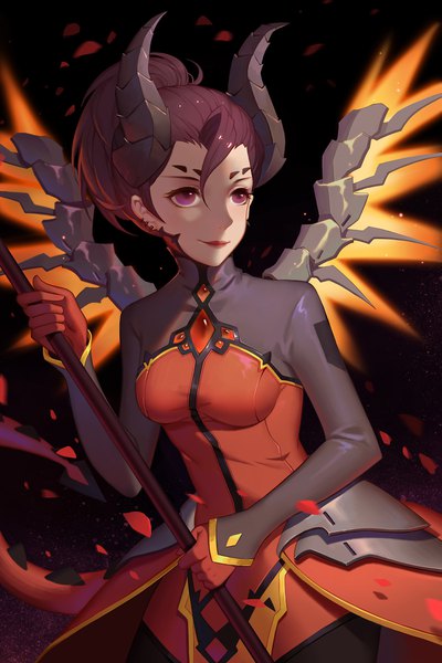 Anime picture 1299x1950 with overwatch blizzard entertainment mercy (overwatch) devil mercy duximeng single tall image fringe short hair breasts simple background hair between eyes brown hair standing purple eyes holding looking away ponytail tail horn (horns)