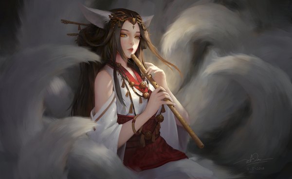 Anime picture 1920x1179 with original dao trong le single long hair looking at viewer highres black hair simple background wide image sitting bare shoulders holding signed animal ears tail traditional clothes parted lips japanese clothes animal tail lips