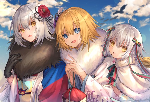 Anime picture 1412x968 with fate (series) fate/grand order jeanne d'arc (fate) (all) jeanne d'arc alter (fate) jeanne d'arc (fate) jeanne d'arc alter santa lily (fate) coyucom long hair fringe open mouth blue eyes blonde hair hair between eyes multiple girls yellow eyes sky silver hair cloud (clouds) ahoge traditional clothes