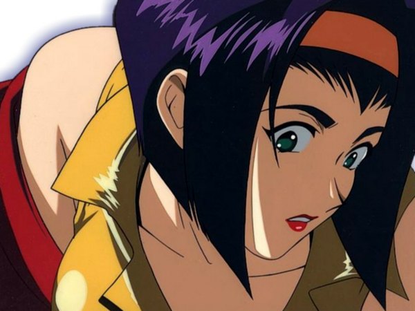 Anime picture 1024x768 with cowboy bebop sunrise (studio) faye valentine green eyes purple hair lipstick hairband