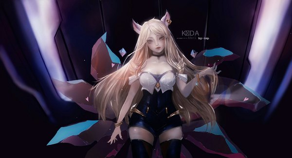 Anime picture 2160x1172 with league of legends k/da (league of legends) ahri (league of legends) k/da ahri impimo single long hair looking at viewer highres blonde hair wide image standing brown eyes signed animal ears cleavage tail nail polish head tilt animal tail