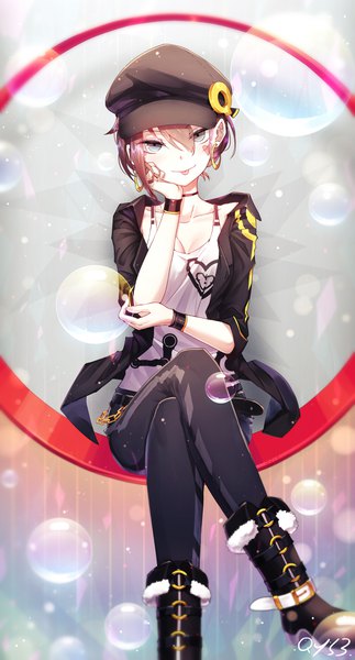 Anime picture 2181x4050 with original qian ye (qys3) qys3 single tall image looking at viewer fringe highres short hair hair between eyes brown hair sitting signed open jacket grey eyes crossed legs facial mark alternate hairstyle :p chin rest