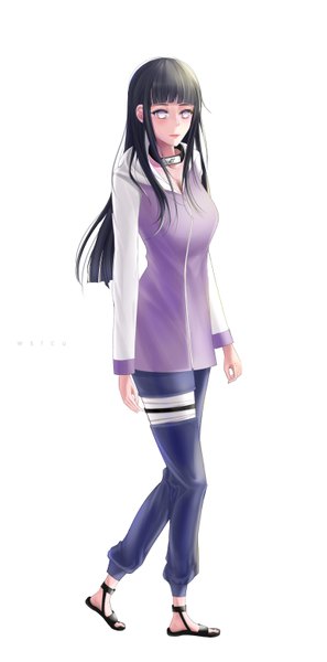Anime picture 3087x6235 with naruto studio pierrot naruto (series) hyuuga hinata wsrcu single long hair tall image looking at viewer fringe highres black hair simple background white background payot absurdres full body long sleeves walking white eyes
