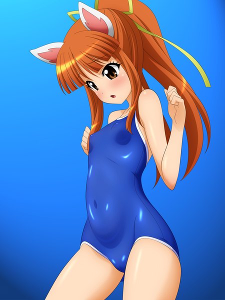 Anime picture 2658x3544 with fushigiboshi no futago hime original lione (fushigiboshi no futago hime) wave ride single long hair tall image highres open mouth light erotic brown hair brown eyes erect nipples covered nipples blue background girl ribbon (ribbons) swimsuit hair ribbon one-piece swimsuit