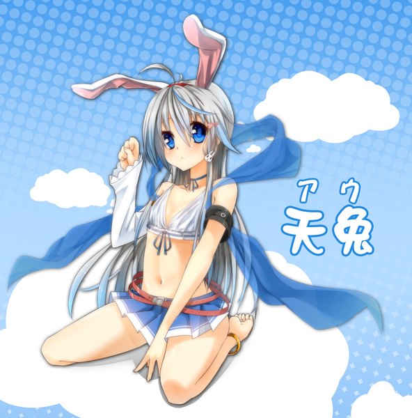 Anime picture 2336x2370 with uke (artist) single long hair tall image looking at viewer blush highres breasts blue eyes animal ears grey hair bunny ears flat chest bunny girl girl skirt navel hair ornament miniskirt hairclip