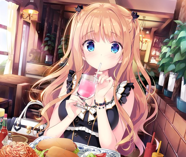 Anime picture 1920x1621 with original date situation zukan saijo melia kimishima ao single long hair looking at viewer blush highres blue eyes blonde hair indoors two side up sleeveless drinking girl dress hair ornament food clock