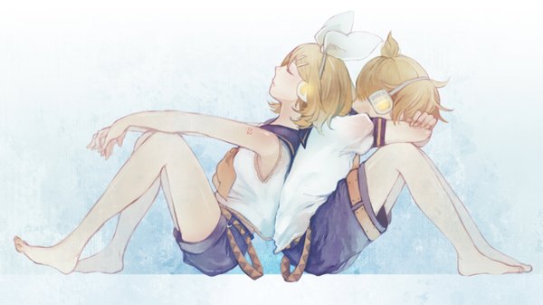 Anime picture 1659x933 with vocaloid kagamine rin kagamine len chizu (sweet*cheese) short hair simple background blonde hair wide image sitting bare shoulders eyes closed profile barefoot blue background twins back to back girl boy bow hair bow