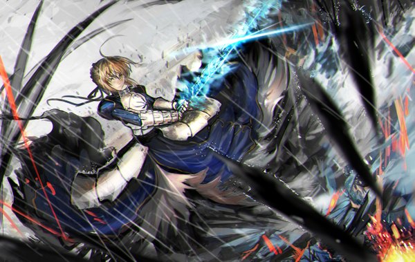 Anime picture 1221x772 with fate (series) fate/stay night type-moon artoria pendragon (all) saber shengkong (prank) single long hair looking at viewer blush blonde hair holding green eyes sky ahoge rain girl dress gloves ribbon (ribbons)