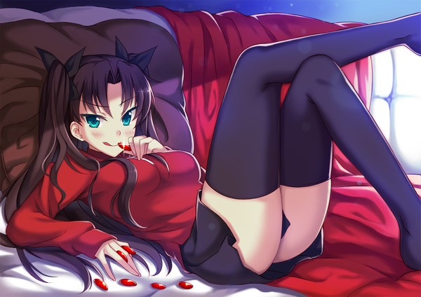 Anime picture 1200x849 with fate (series) fate/stay night type-moon toosaka rin peach88 single long hair looking at viewer blush light erotic brown hair twintails green eyes bent knee (knees) lying on back zettai ryouiki girl thighhighs skirt