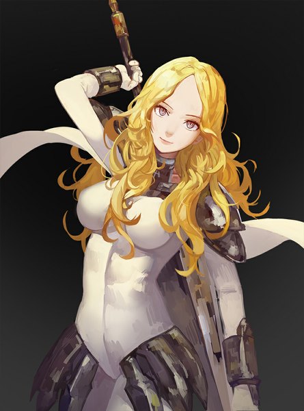 Anime picture 886x1194 with claymore madhouse teresa nanaya (daaijianglin) single long hair tall image looking at viewer breasts simple background blonde hair smile large breasts standing holding pink eyes black background wavy hair girl weapon