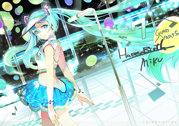 Anime picture 1200x850 with vocaloid hatsune miku 119 single long hair fringe smile twintails very long hair looking back aqua eyes aqua hair bare belly alternate costume character names happy birthday girl skirt miniskirt headphones