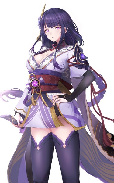 Anime picture 2500x4000 with genshin impact raiden shogun arane (lolitwin) single long hair tall image fringe highres light erotic simple background standing white background purple eyes purple hair blunt bangs braid (braids) traditional clothes japanese clothes hand on hip single braid