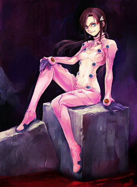 Anime picture 804x1100 with neon genesis evangelion rebuild of evangelion gainax makinami mari illustrious hironox single long hair tall image looking at viewer blue eyes brown hair sitting twintails low twintails rock girl glasses pilot suit