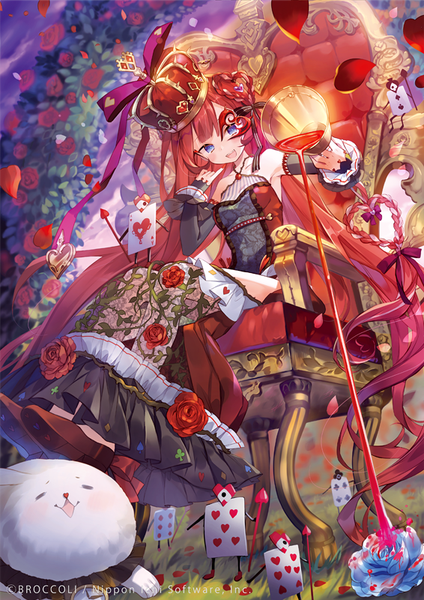 Anime picture 566x800 with alice in wonderland original ibara riato single tall image blush fringe breasts open mouth sitting purple eyes bare shoulders holding looking away red hair braid (braids) very long hair head tilt :d from below