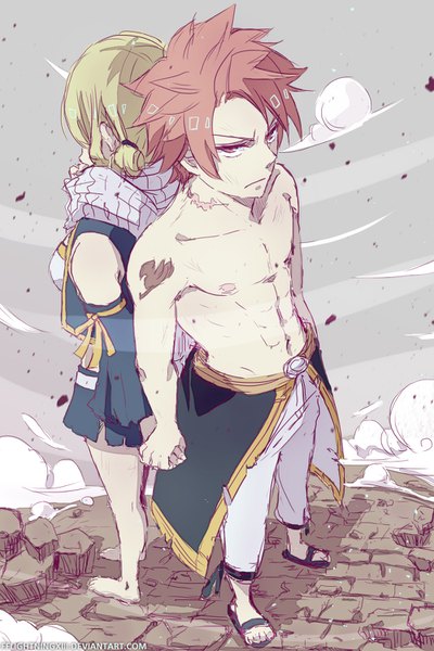 Anime picture 1000x1500 with fairy tail lucy heartfilia natsu dragneel lightning-strikes tall image short hair blonde hair signed pink hair pink eyes barefoot from above grey background tattoo torn clothes holding hands scar topless serious back to back