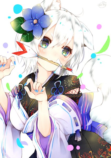 Anime picture 1414x2000 with original chita (ketchup) single tall image looking at viewer blush fringe short hair simple background hair between eyes white background holding signed animal ears ahoge tail nail polish traditional clothes japanese clothes animal tail