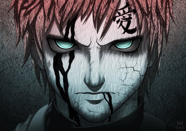 Anime picture 4961x3508 with naruto studio pierrot naruto (series) gaara linnyxito single looking at viewer highres short hair blue eyes brown hair absurdres red hair aqua eyes tattoo close-up face serious jinchuriki boy