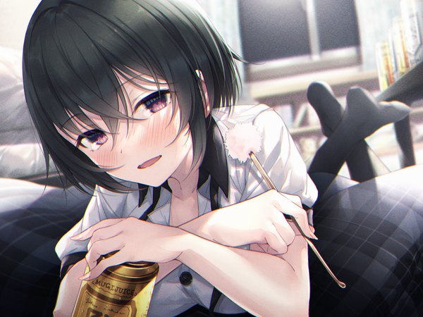 Anime picture 3000x2250 with original hasumi (hasubatake39) single looking at viewer blush fringe highres short hair breasts open mouth black hair smile hair between eyes purple eyes holding indoors lying :d blurry short sleeves