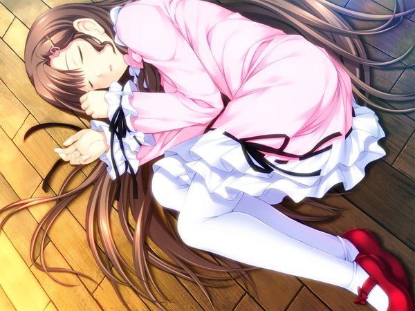 Anime picture 1024x768 with joker (game) oryou long hair brown hair game cg eyes closed sleeping girl dress hair ornament hairclip
