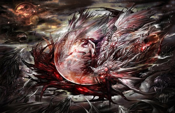 Anime picture 2000x1294 with hecatoncheir hecatoncheir 2 original vusc (artist) single long hair highres breasts light erotic white hair legs grin fantasy guro horror girl navel blood monster