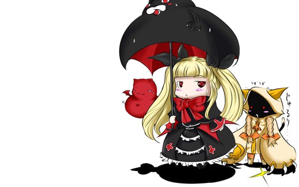 Anime picture 1920x1200 with blazblue rachel alucard taokaka gii long hair blush highres simple background blonde hair red eyes wide image white background twintails shadow loli chibi girl dress bow hair bow
