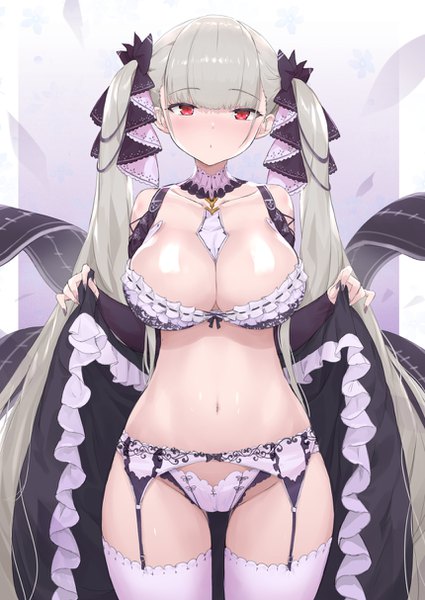 Anime picture 860x1214 with azur lane formidable (azur lane) crystal shoujo single tall image looking at viewer blush fringe breasts light erotic simple background red eyes large breasts standing twintails bare shoulders cleavage blunt bangs very long hair nail polish