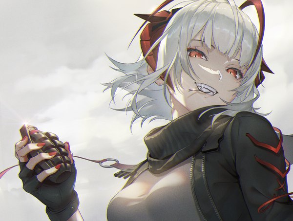Anime picture 4249x3217 with arknights w (arknights) suyama kara single looking at viewer fringe highres short hair simple background smile red eyes holding absurdres blunt bangs nail polish horn (horns) fingernails grey hair open jacket teeth