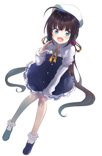 Anime picture 1200x1840 with ryuuou no oshigoto! hinatsuru ai kayanogura single long hair tall image looking at viewer blush fringe open mouth blue eyes black hair simple background white background sitting twintails full body ahoge from above low twintails