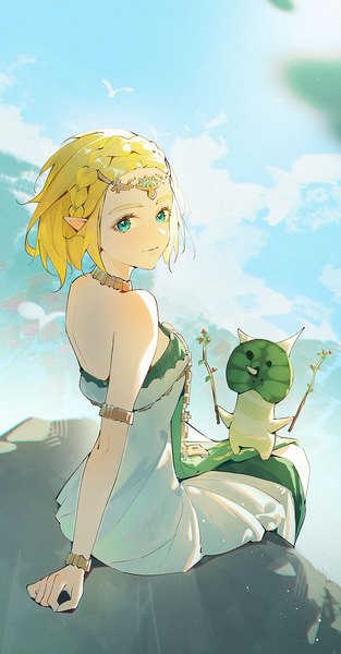 Anime picture 835x1600 with the legend of zelda the legend of zelda: tears of the kingdom nintendo princess zelda j fang single tall image looking at viewer short hair blonde hair sitting sky cloud (clouds) braid (braids) aqua eyes from above pointy ears turning head crown braid girl
