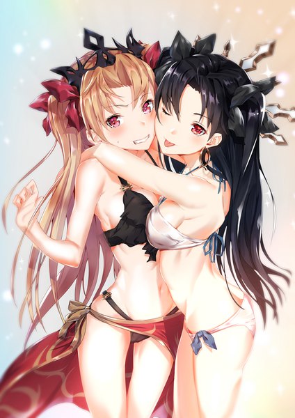 Anime picture 800x1131 with fate (series) fate/grand order ishtar (fate) ereshkigal (fate) sahara386 long hair tall image looking at viewer blush breasts light erotic black hair simple background blonde hair red eyes standing multiple girls one eye closed wink two side up