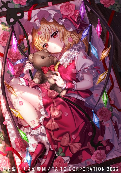 Anime picture 1403x2000 with touhou flandre scarlet kiba tori single tall image short hair blonde hair red eyes lying official art on side shaded face expressionless in container in box girl skirt flower (flowers) bow weapon