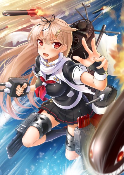 Anime picture 848x1200 with kantai collection yuudachi destroyer okitakung single long hair tall image looking at viewer blush open mouth blonde hair red eyes remodel (kantai collection) girl skirt hair ornament weapon water socks hairclip black socks